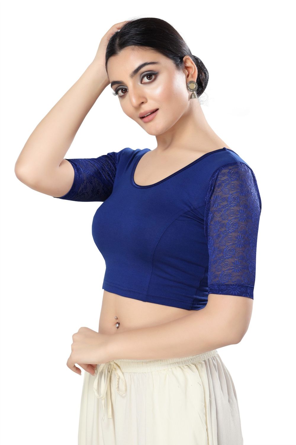 Royal Blue Cotton Solid Short Sleeves Blouse