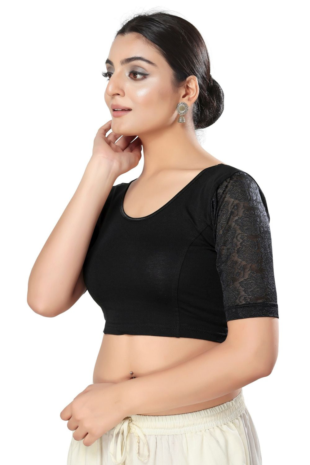 Black Cotton Solid Short Sleeves Blouse