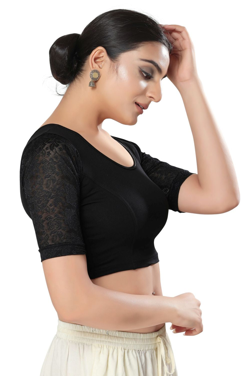 Black Cotton Solid Short Sleeves Blouse