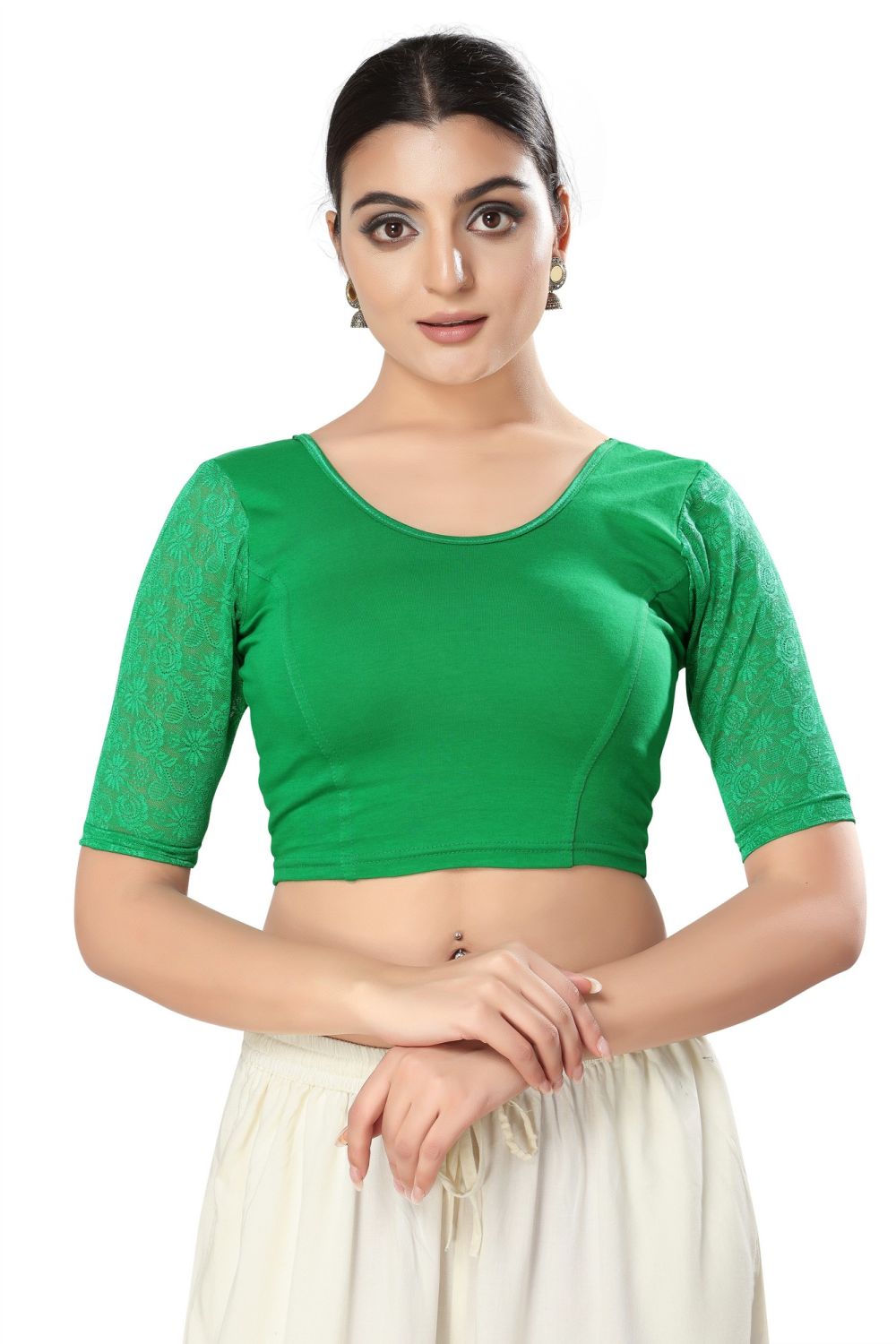 Green Cotton Solid Short Sleeves Blouse