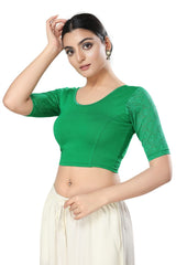 Green Cotton Solid Short Sleeves Blouse