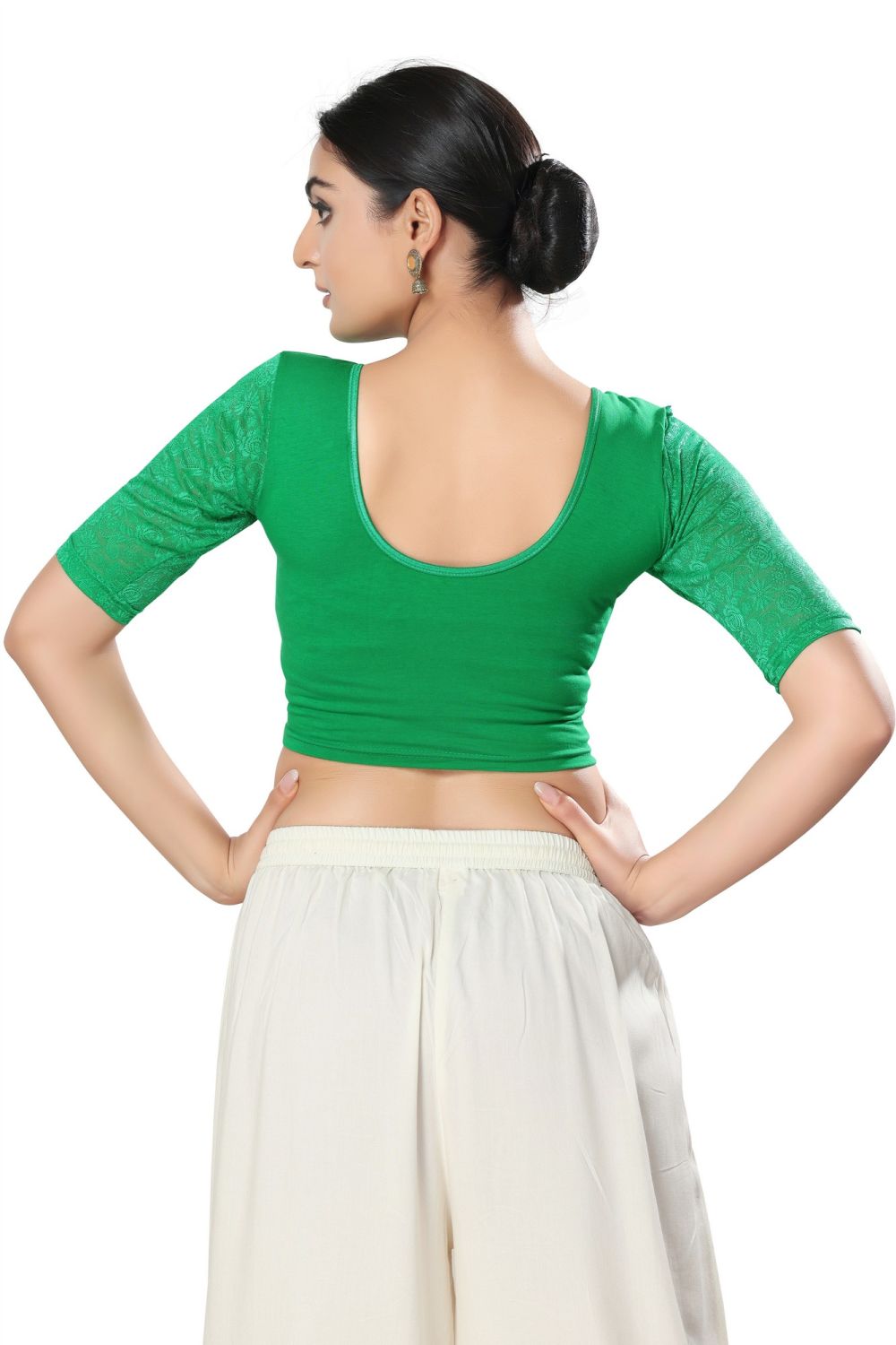 Green Cotton Solid Short Sleeves Blouse