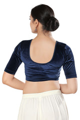 Navy Blue Velvet Solid Short Sleeves Blouse