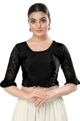 Black Polyester Solid Short Sleeves Blouse