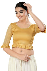 Gold Polyester Solid Short Sleeves Blouse