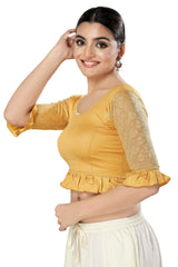 Gold Polyester Solid Short Sleeves Blouse