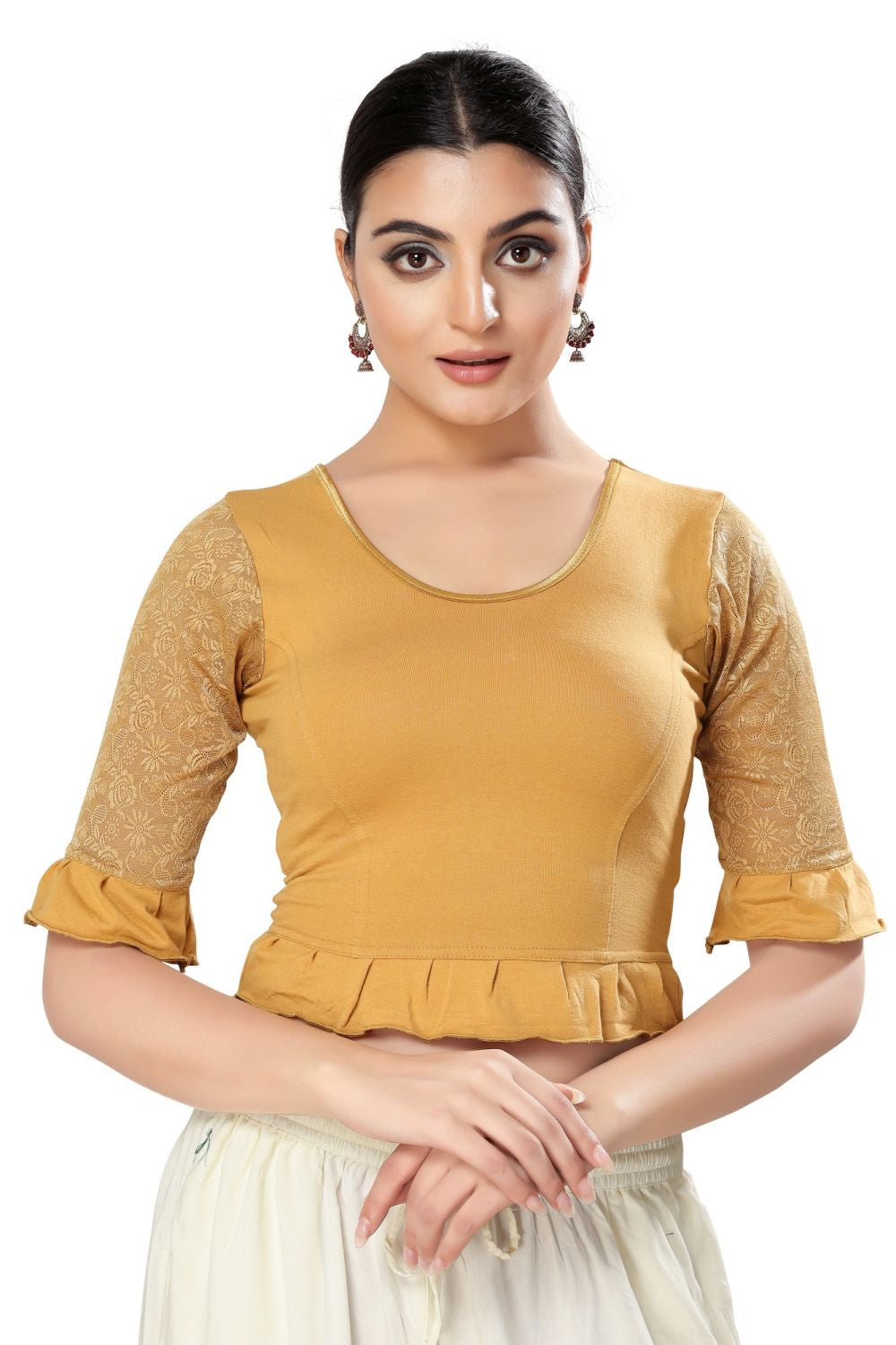 Gold Cotton Solid Short Sleeves Blouse