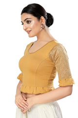 Gold Cotton Solid Short Sleeves Blouse