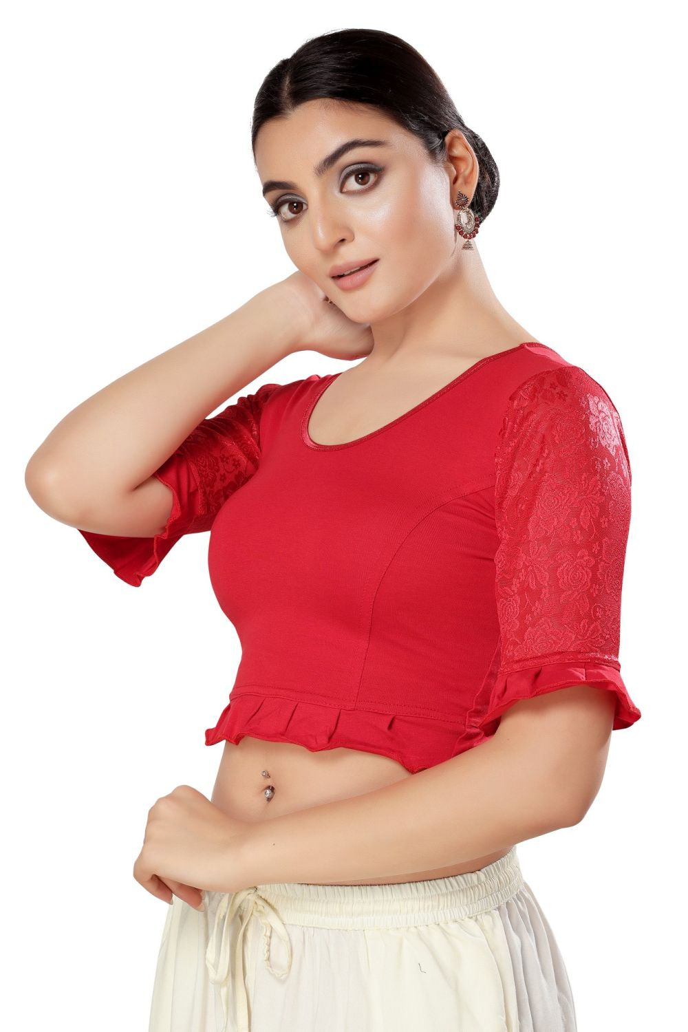 Red Cotton Solid Short Sleeves Blouse