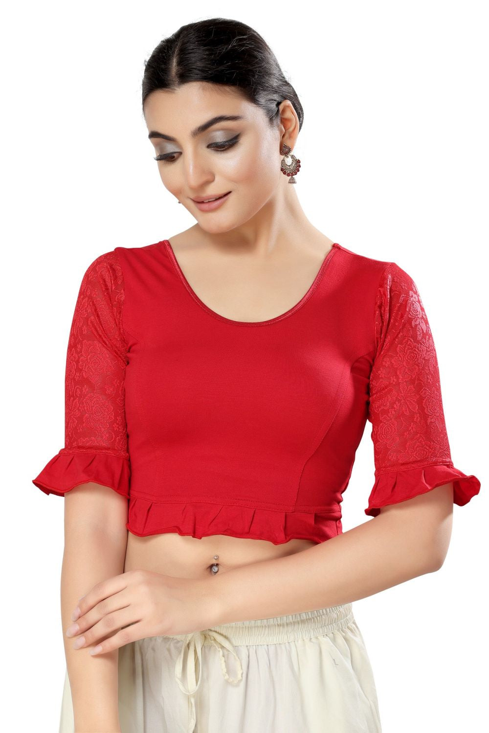 Red Cotton Solid Short Sleeves Blouse