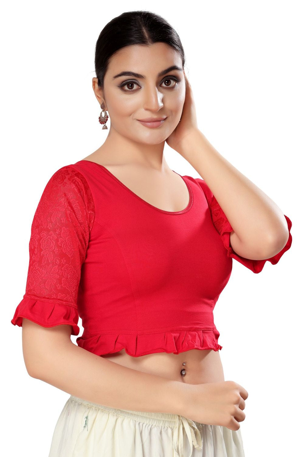 Red Cotton Solid Short Sleeves Blouse