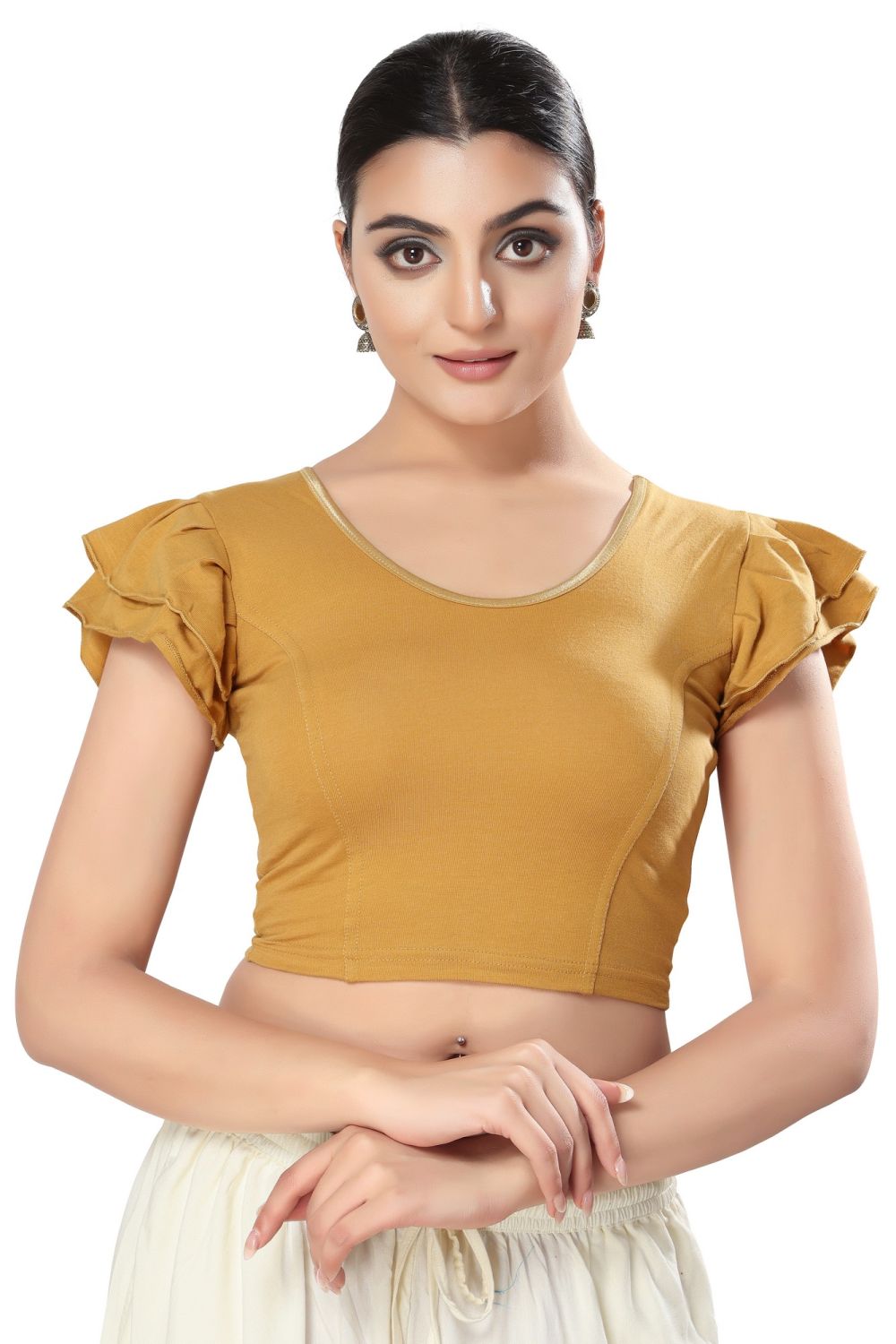 Gold Cotton Solid Short Sleeves Blouse