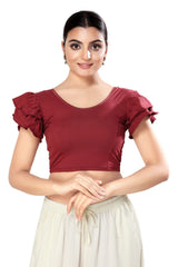 Maroon Cotton Solid Short Sleeves Blouse