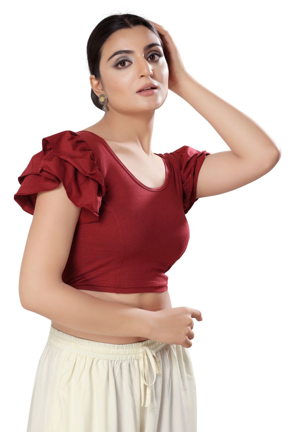 Maroon Cotton Solid Short Sleeves Blouse