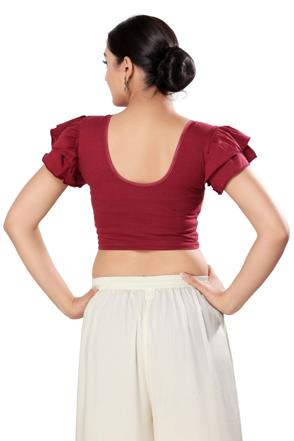 Maroon Cotton Solid Short Sleeves Blouse