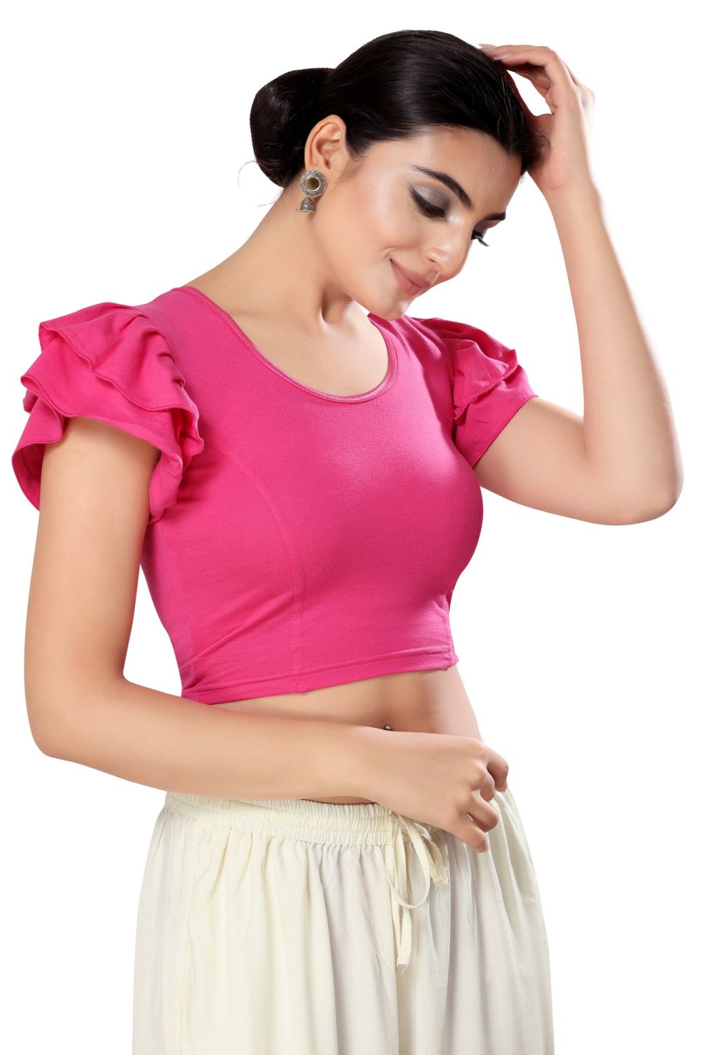 Pink Cotton Solid Short Sleeves Blouse