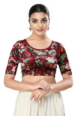 Maroon Velvet Printed Short Sleeves Blouse