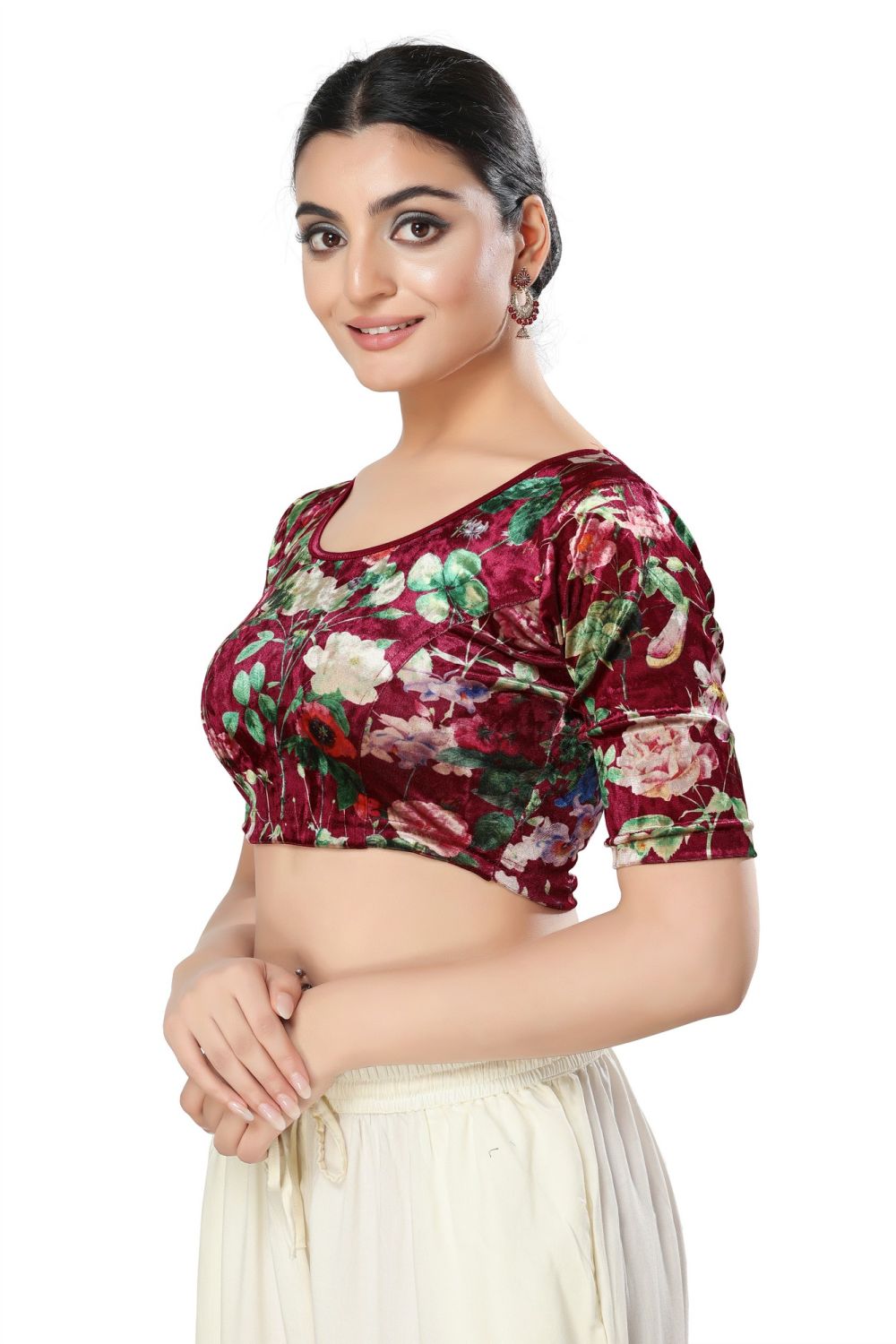 Maroon Velvet Printed Short Sleeves Blouse