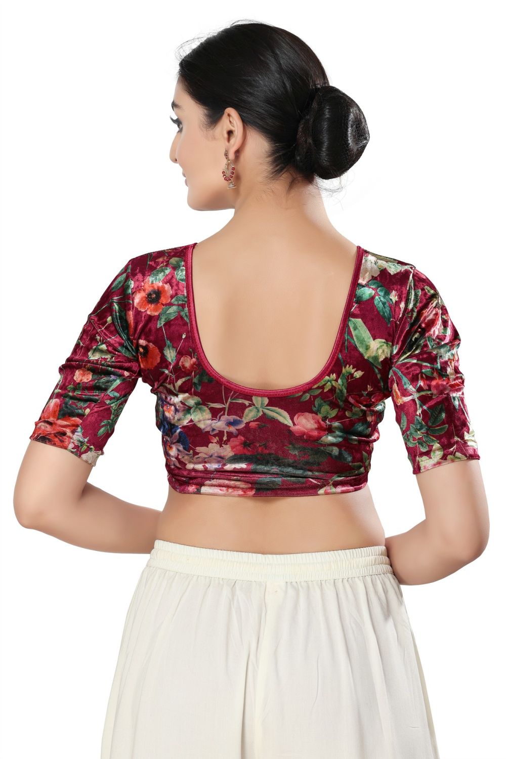 Maroon Velvet Printed Short Sleeves Blouse