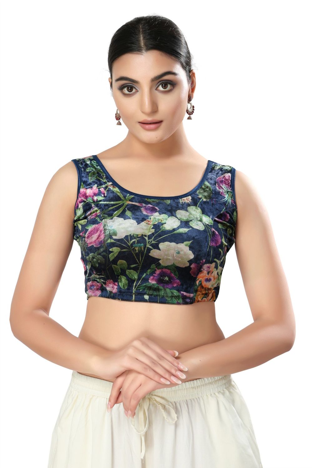 Navy Blue Velvet Printed Sleeveless Blouse