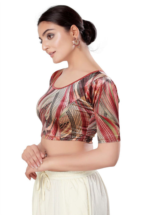 Maroon Velvet Printed Short Sleeves Blouse