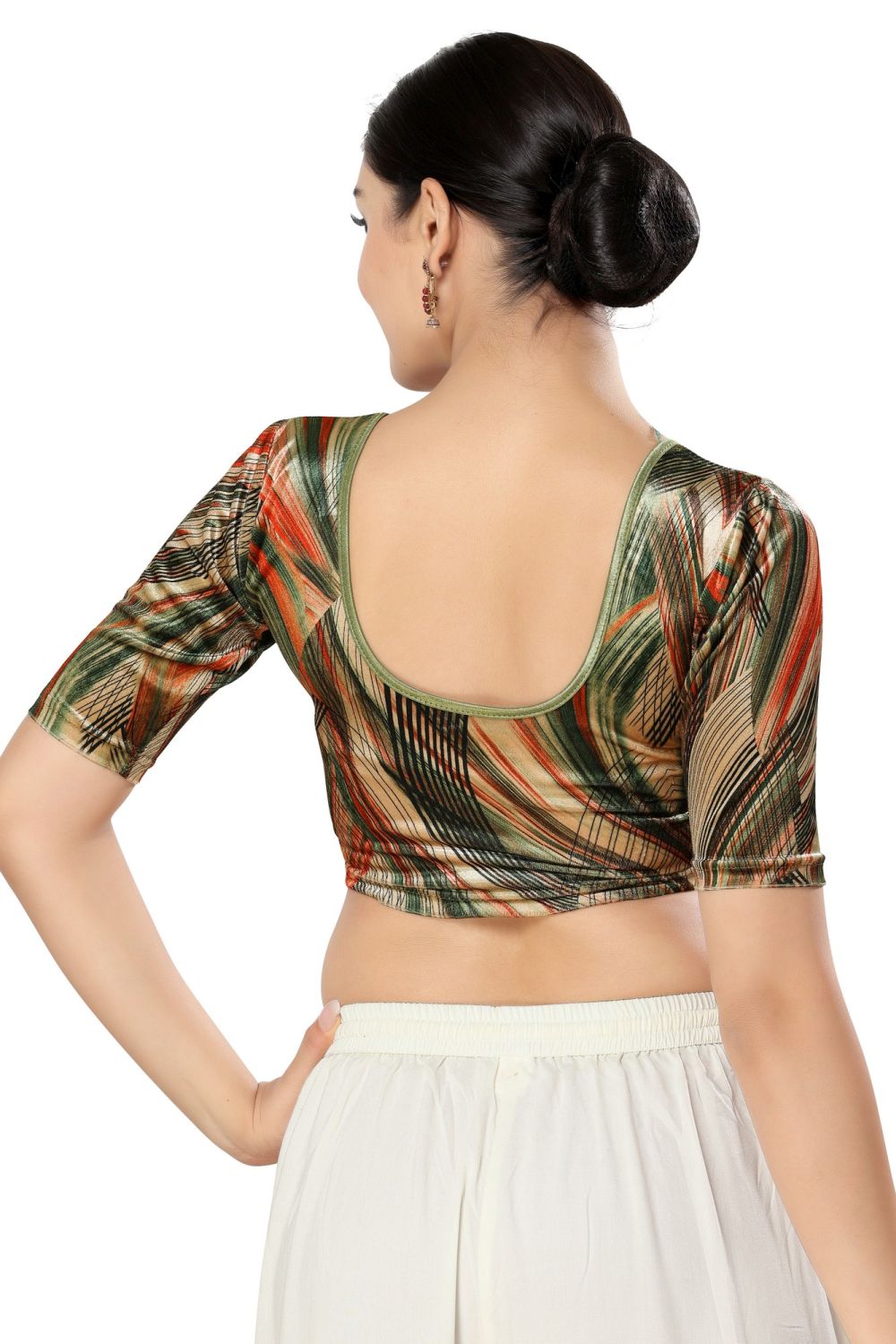 Olive Green Velvet Printed Short Sleeves Blouse