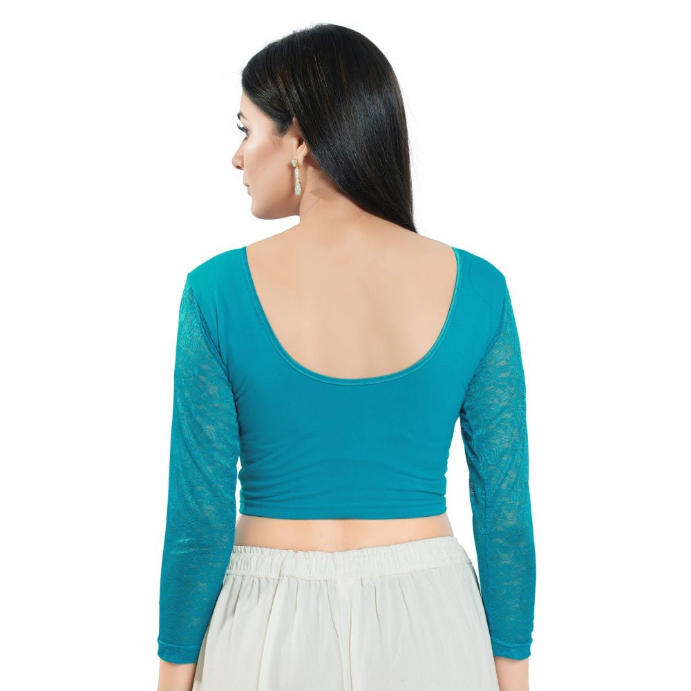 Teal Cotton Solid Long Sleeves Blouse