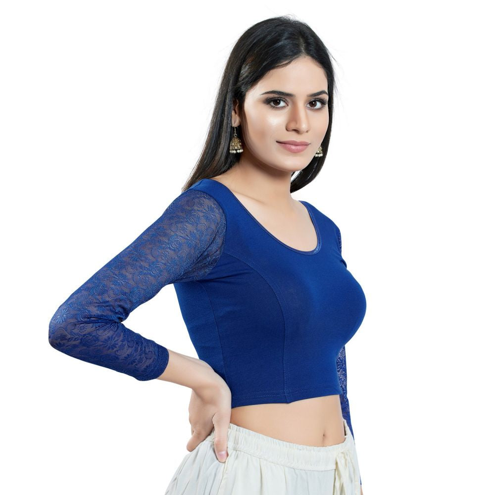 Royal Blue Cotton Solid Long Sleeves Blouse