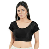 Black Cotton Solid Short Sleeves Blouse