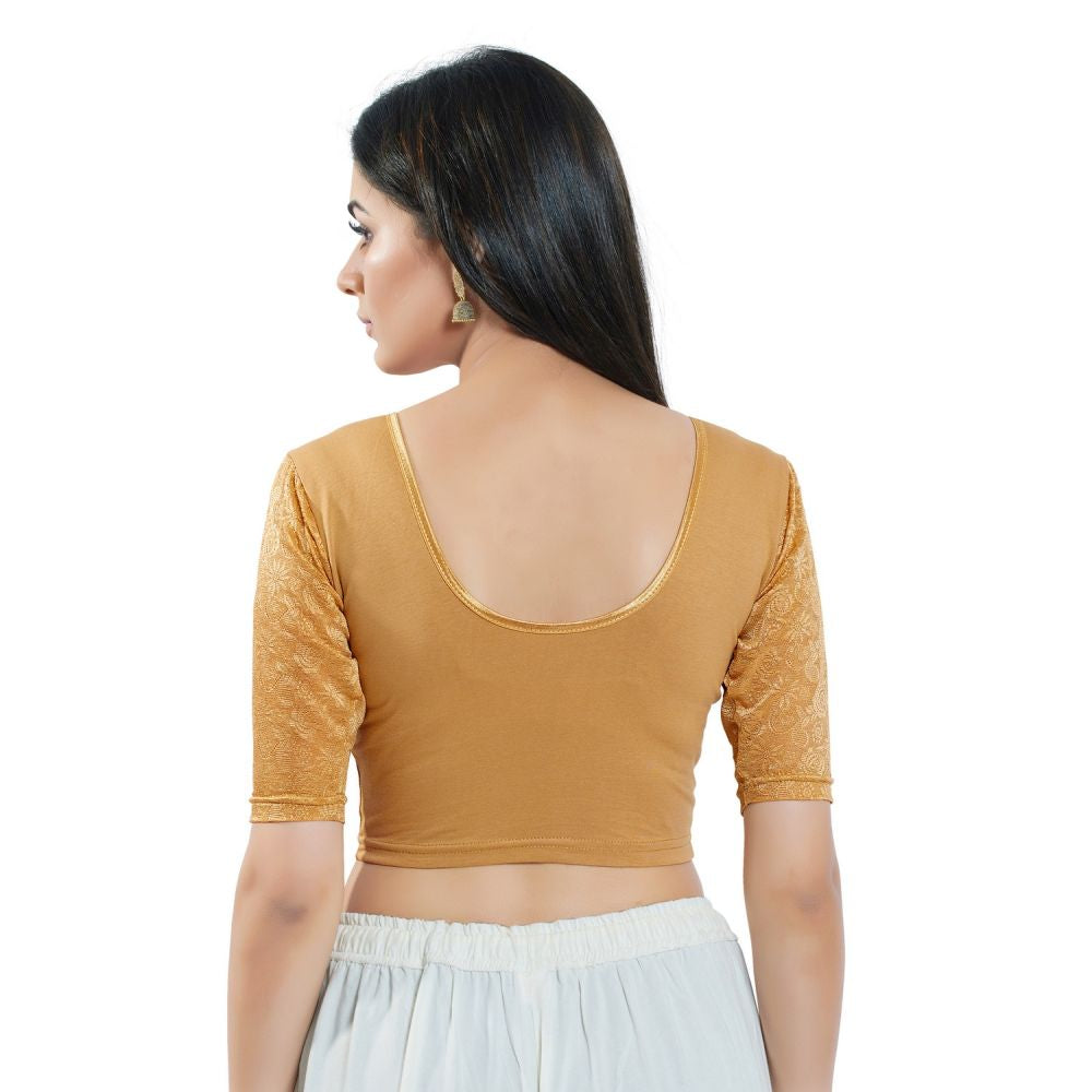 Gold Cotton Solid Short Sleeves Blouse