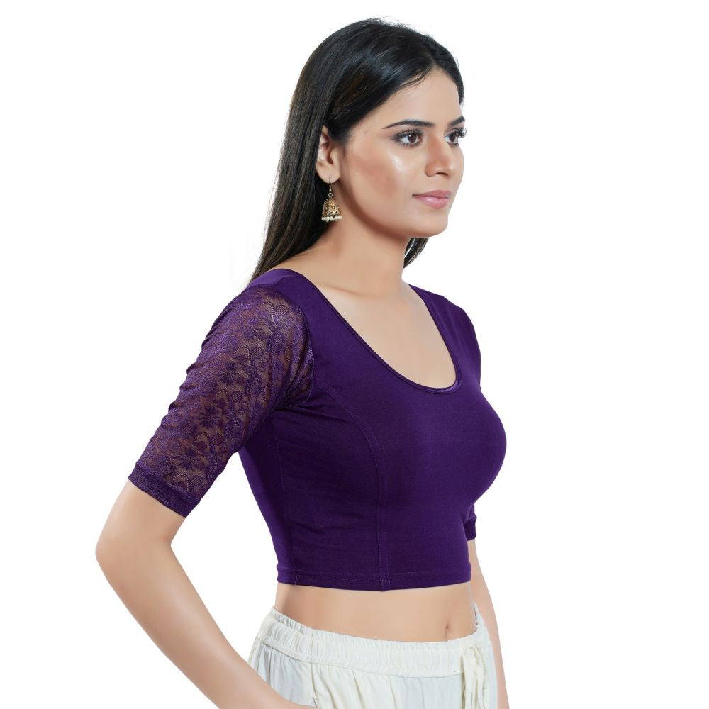 Purple Cotton Solid Short Sleeves Blouse