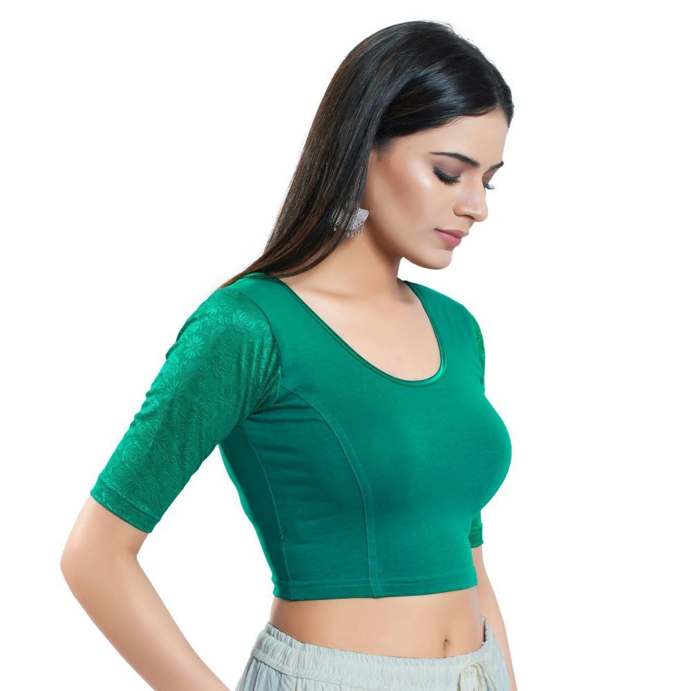 Rama Green Cotton Solid Short Sleeves Blouse