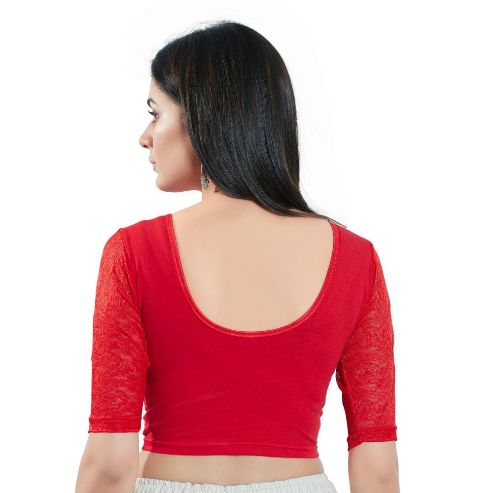 Red Cotton Solid Short Sleeves Blouse