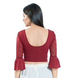 Maroon Cotton Solid Three-Quarter Sleeves Blouse