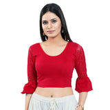 Red Cotton Solid Three-Quarter Sleeves Blouse