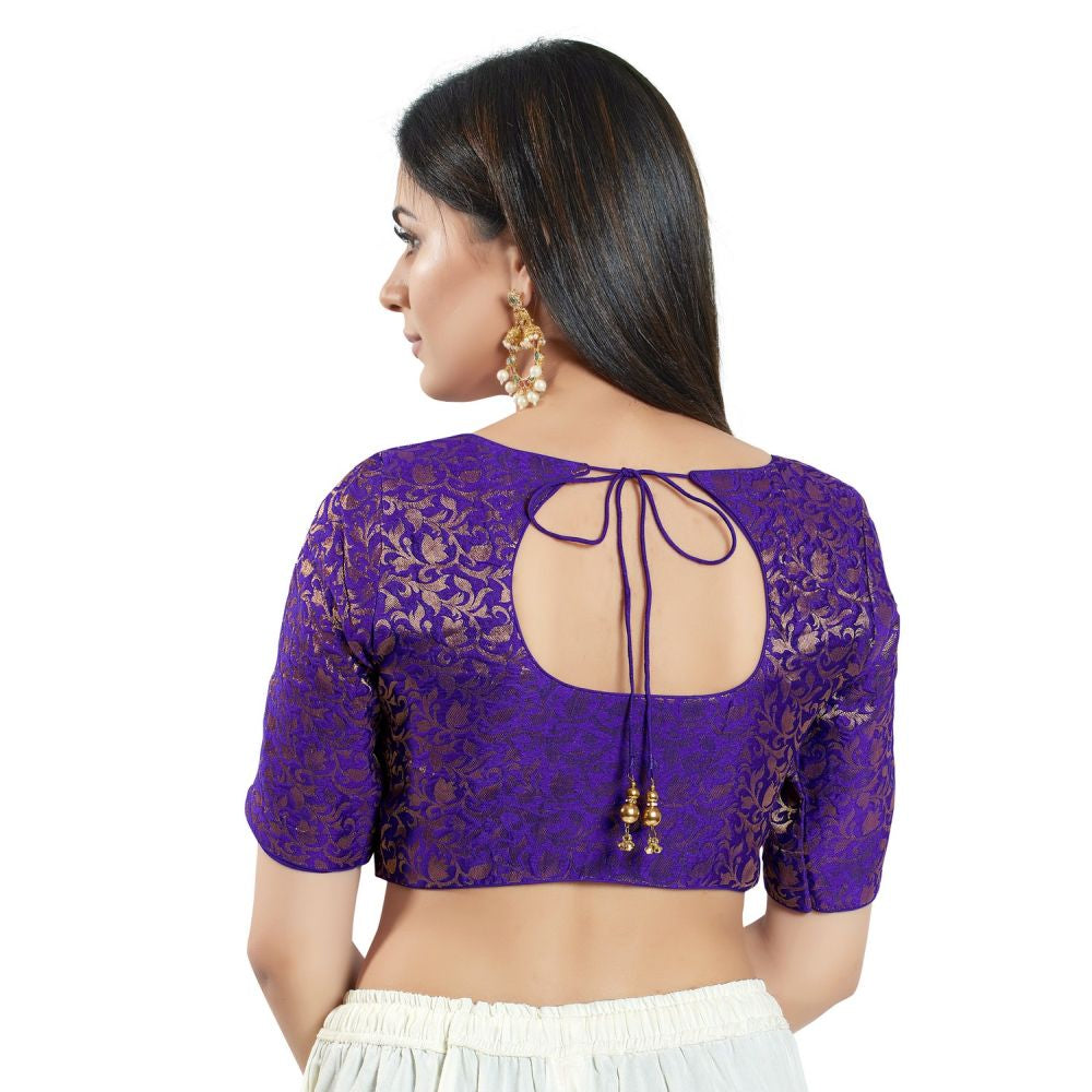 Purple Brocade Woven Design Elbow Sleeve Blouse