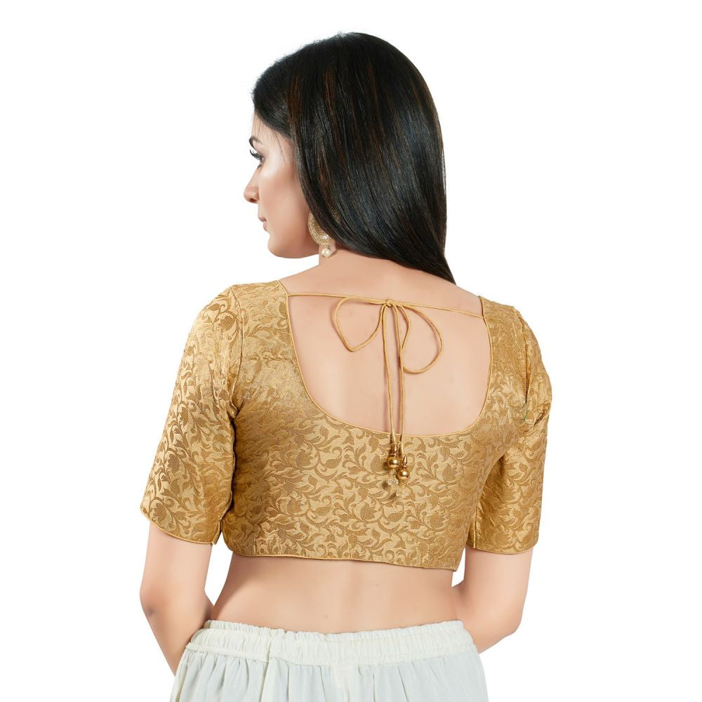 Gold Brocade Woven Design Elbow Sleeve Blouse