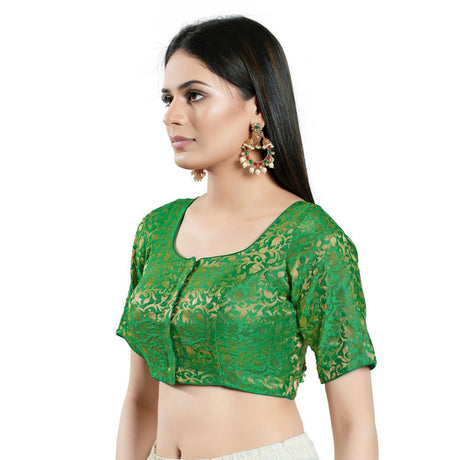 Green Brocade Woven Design Elbow Sleeve Blouse