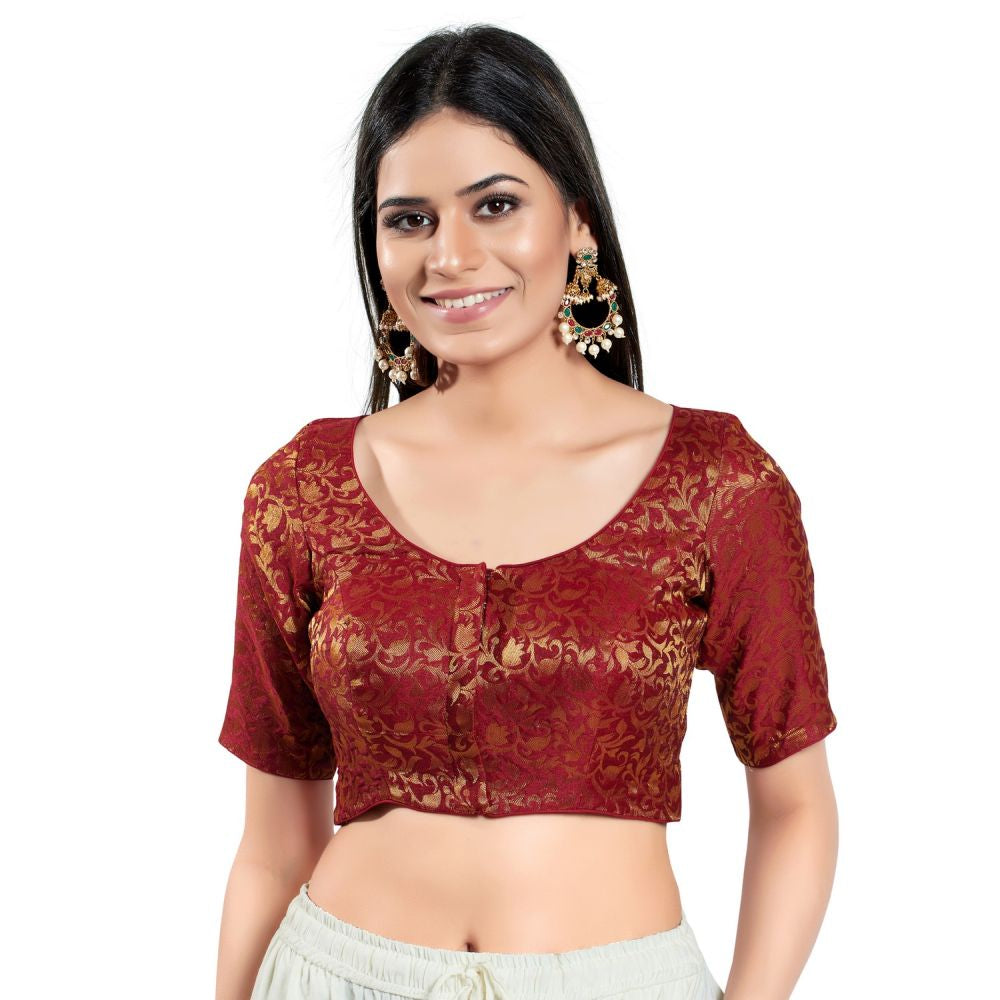 Maroon Brocade Woven Design Elbow Sleeve Blouse