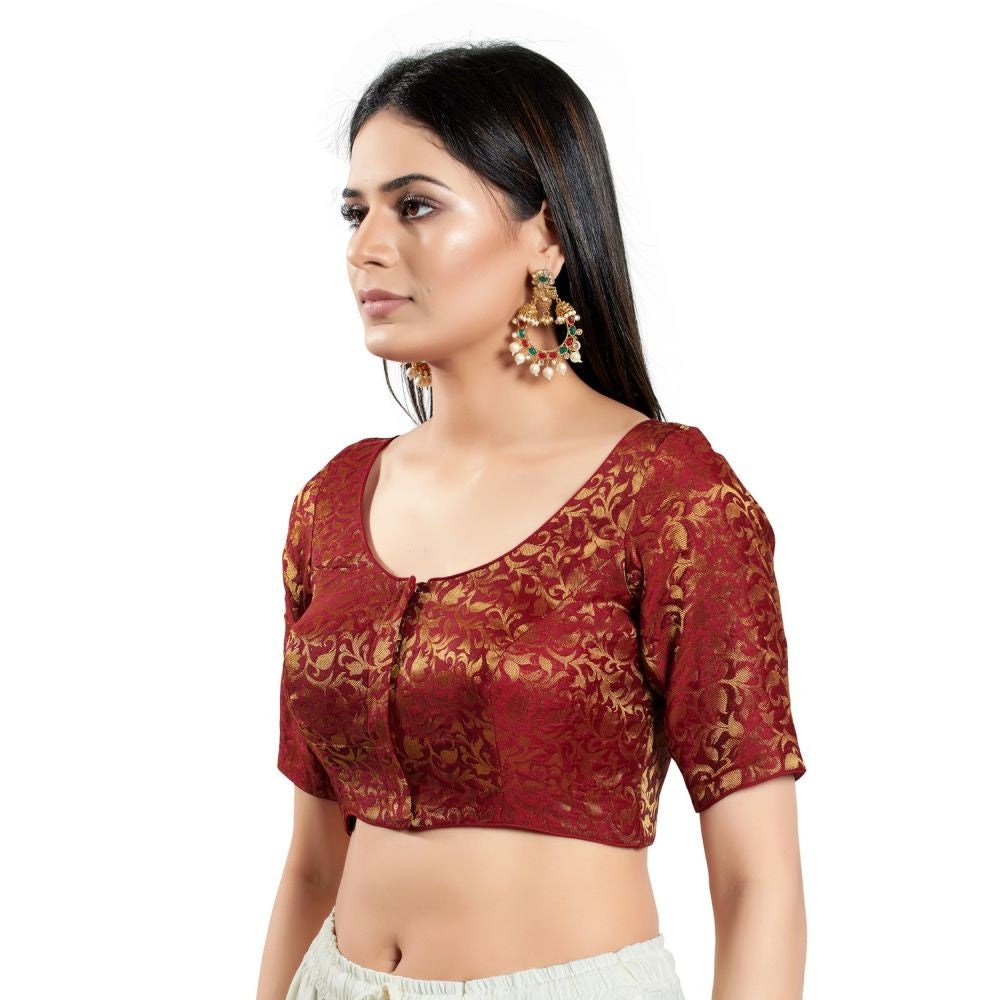 Maroon Brocade Woven Design Elbow Sleeve Blouse