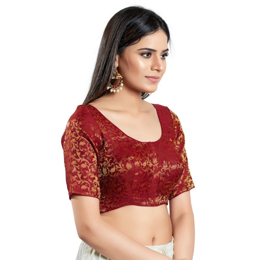 Maroon Brocade Woven Design Elbow Sleeve Blouse