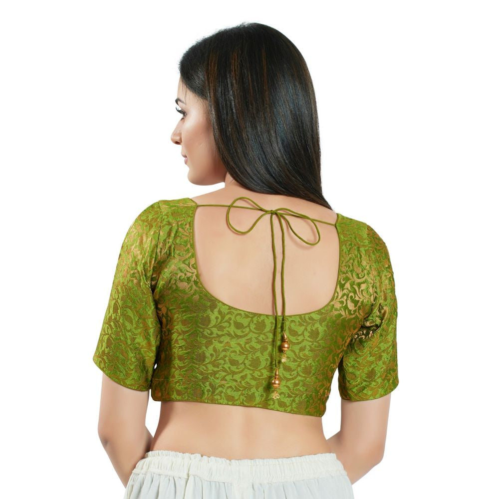 Mehndi Green Brocade Woven Design Elbow Sleeve Blouse