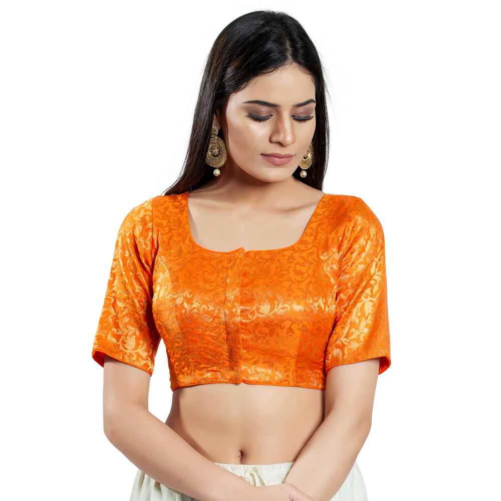 Orange Brocade Woven Design Elbow Sleeve Blouse