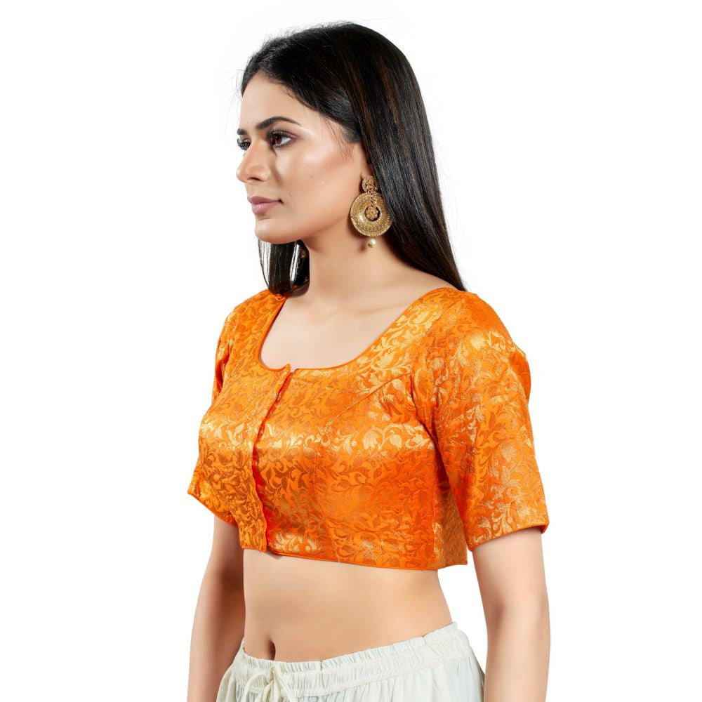 Orange Brocade Woven Design Elbow Sleeve Blouse