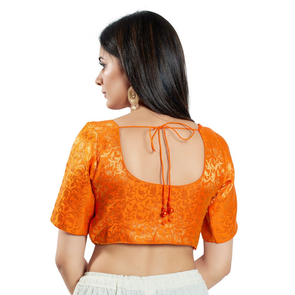 Orange Brocade Woven Design Elbow Sleeve Blouse