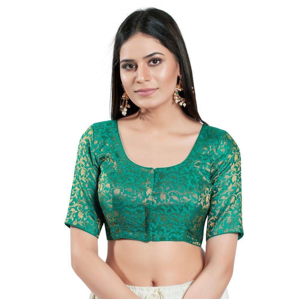 Rama Green Brocade Woven Design Elbow Sleeve Blouse