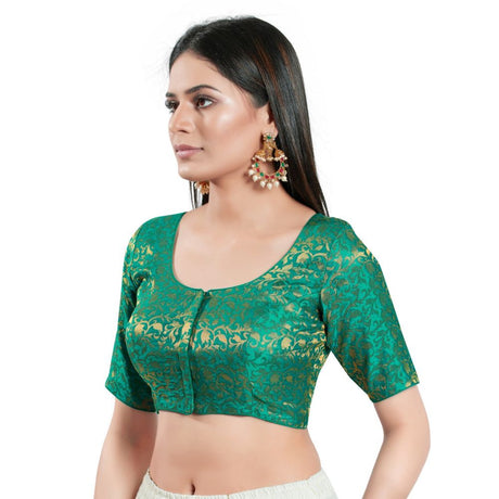 Rama Green Brocade Woven Design Elbow Sleeve Blouse