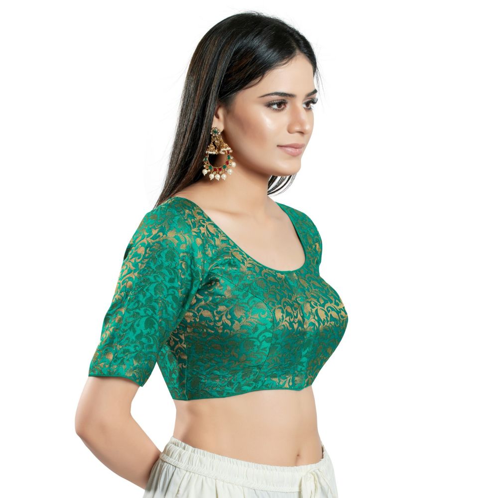 Rama Green Brocade Woven Design Elbow Sleeve Blouse