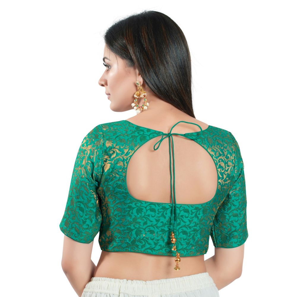 Rama Green Brocade Woven Design Elbow Sleeve Blouse