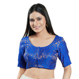 Royal Blue Brocade Woven Design Elbow Sleeve Blouse